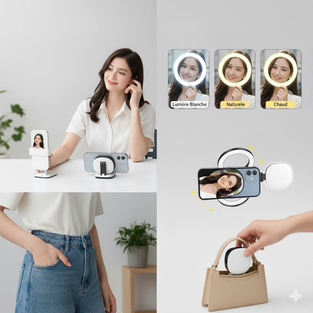 Miroir Lumineux Pliable avec Fixation Téléphone